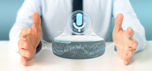 Poster - Businessman holding a vocal assistant and wave equaliser - 3d rendering