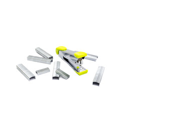 Stample and stapler of office stationery on white background