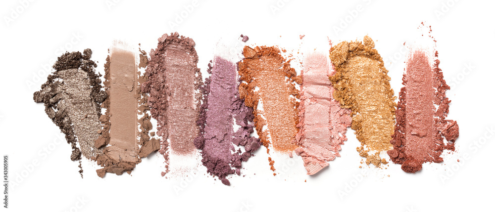Close-up of make-up swatch. Smear of crushed multicolored set eye shadow - obrazy, fototapety, plakaty 
