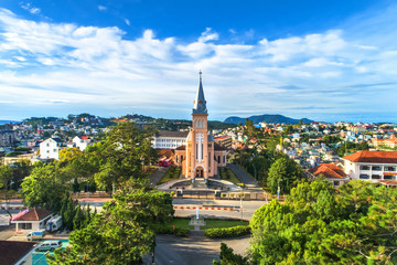 Aerial view of Chicken church in Da Lat city, Vietnam. Tourist city in developed Vietnam.