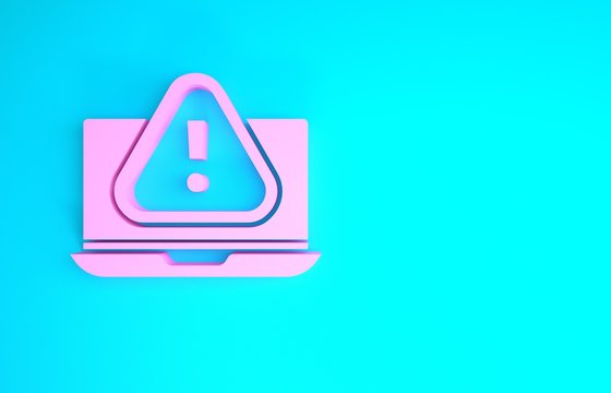 Pink Laptop with exclamation mark icon isolated on blue background. Alert message smartphone notification. Minimalism concept. 3d illustration 3D render