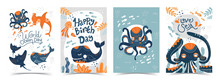 Blue Collection Of Ocean Background Set With Fish, Hammerhead Shark, Stingray, Whale, Jellyfish, Vector Illustration For Birthday Invitation, Postcard, Logo, Sticker And World Ocean Day
