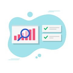 Aufkleber - Data analysis research chart or analytics audit report vector flat, idea of growth graph investigation with magnifier search, electronic or digital diagram check, economic analyzing report