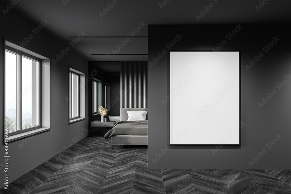 Gray bedroom interior with vertical poster - obrazy, fototapety, plakaty 