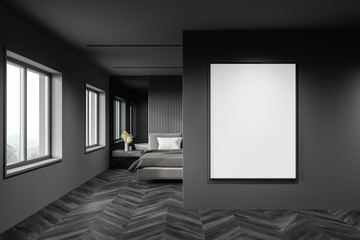 Gray bedroom interior with vertical poster