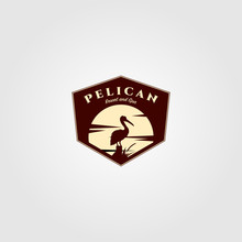 Pelican Bird Logo Vintage With Sun Background Vector Illustration Design