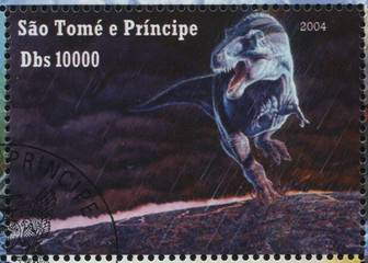 Wall Mural - RUSSIA KALININGRAD, 28 MARCH 2019: stamp printed by Sao Tome and Principe shows dinosaur, circa 2004