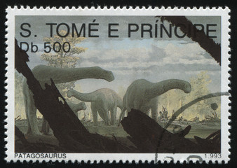 Wall Mural - RUSSIA KALININGRAD, 27 MARCH 2019: stamp printed by Sao Tome and Principe shows dinosaur, circa 1993