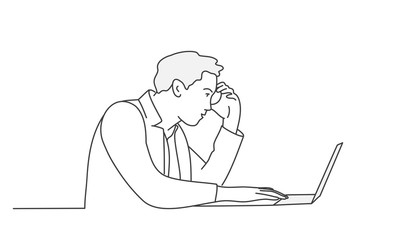 Poster - Man thinks and looks at a laptop. Contour drawing vector illustration. Line art.  