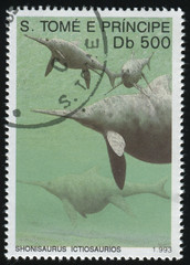 Wall Mural - RUSSIA KALININGRAD, 27 MARCH 2019: stamp printed by Sao Tome and Principe shows dinosaur, circa 1993