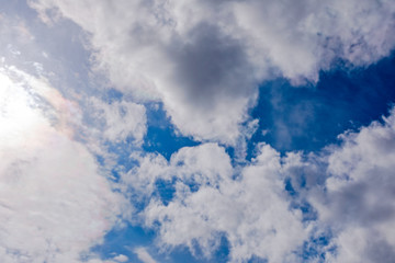 Background of natural blue sky  with white clouds and light of sun.