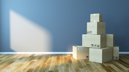 Wall Mural - Move, relocation concept - cardboard boxes in new empty apartment room - 3d rendering