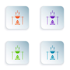 Sticker - Color Campfire and pot icon isolated on white background. Fire camping cooking in cauldron on firewood and flame. Set colorful icons in square buttons. Vector Illustration