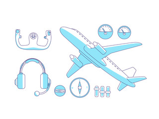 Poster - Aviation items turquoise linear objects set. Airplane, steering wheel and dashboard, aviator tools thin line symbols pack. Pilot equipment isolated outline illustrations on white background
