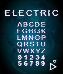 Fototapete - Electric glitch font template. Retro futuristic style vector alphabet set on turquoise holographic background. Capital letters, numbers and symbols. Trendy typeface design with distortion effect