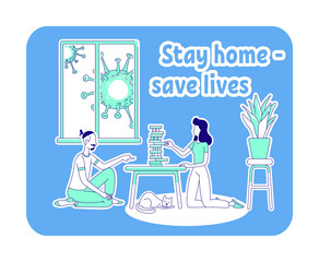 Poster - Stay home save lives thin line concept vector illustration. Family play boardgame. Man and woman relax with table game. Quarantine 2D cartoon characters for web design. Self isolation creative idea