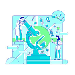 Poster - Microbiology, biotechnology thin line concept vector illustration. Lab workers, scientists with microscope 2D cartoon characters for web design. Scientific research, molecular analysis creative idea