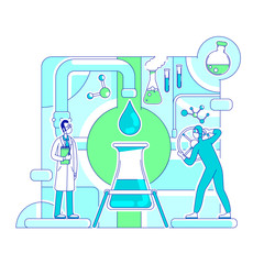 Poster - Molecular analysis thin line concept vector illustration. Scientists, chemists 2D cartoon characters for web design. Laboratory experiment, scientific research. Pharmaceutical testing creative idea