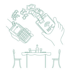 Poster - Mobile wallet, e-pay app thin line concept vector illustration. Cafe service, person paying bill with smartphone 2D cartoon character for web design. RFID, payment system creative idea