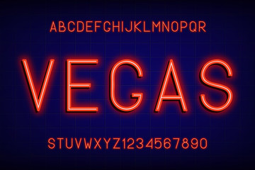 Leinwandbilder - Neon glowing font. Alphabet with english letters and numbers with neon light effect. Vector illustration.