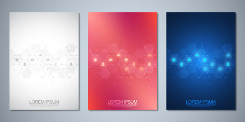 Template brochure or cover book, page layout, flyer design. Concept and idea for health care business, innovation medicine, pharmacy, technology. Medical background with flat icons and symbols.