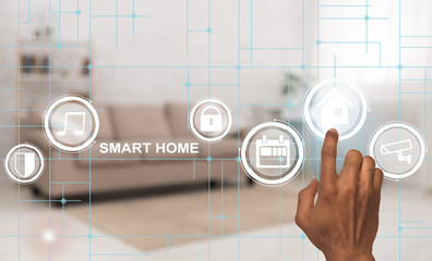 Poster - Smart home. Young guy automatically controlling appliances and devices, pushing button on virtual screen, collage