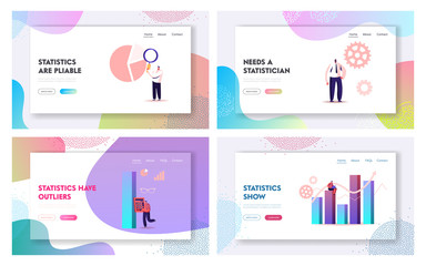 Poster - people work with science statistics landing page template set. tiny characters at touch screen and h
