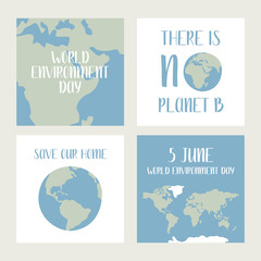  World environment day, environment safety celebration. Vector set of 4 ready-to-use card. Perfect for print, social poster, ecology postcard, flyer