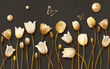 3d mural tulip flowers with golden butterfly and pearl in dark background
