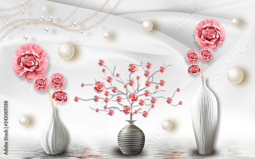 Dekoracja na wymiar  fototapeta-3d-z-jasnobialym-i-szarym-tlem-z-wazonami-i-czerwonymi-kwiatami-srebro