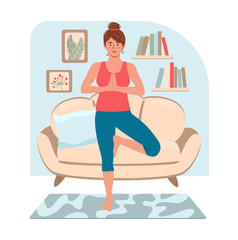 Wall Mural - Woman doing yoga at home in modern interior. Stay home concept. Illustration for yoga, meditation, relax and healthy lifestyle. Vector illustration in flat cartoon style.