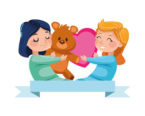 Wall Mural - cute little girls with bear teddy and heart characters