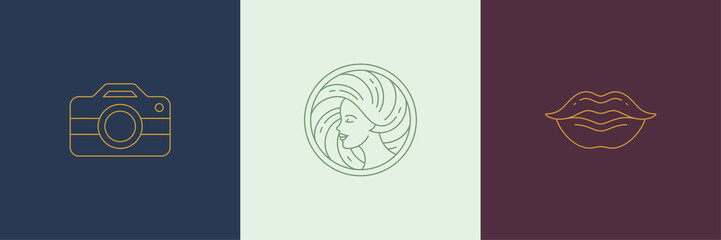 Wall Mural - vector line decoration design elements set - female face and lips illustrations simple linear style
