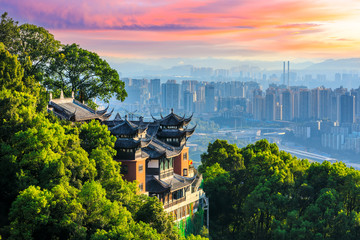 Temple architecture and city skyline in Chongqing,China.