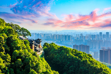 Wall Mural - Temple architecture and city skyline in Chongqing,China.