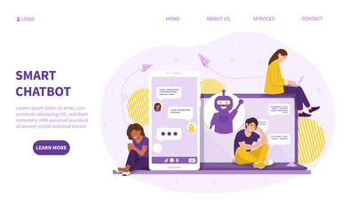 Poster - smart chatbot communications app on digital devices allowing three diverse people to chat online on 