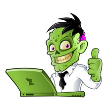 Zombie Cartoon Character With Laptop
