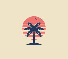 Vintage Styled Palm Tree Logo Or Icon Design With Palm Silhouette And Red Sun On Background. Minimalistic Vector Illustration