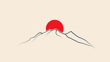 Red Sun Above Mountains Line Silhouette. Japan Motive. Minimalistic Vector Illustration
