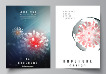 Vector layout of A4 cover mockups templates for brochure, flyer layout, booklet, cover design, book design. 3d medical background of corona virus. Covid 19, coronavirus infection. Virus concept.