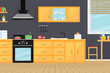 © hardvicore - Kitchen room interior with electric appliances, sink, furniture and dishes. Modern cooking devices - stove, toaster, microwave. Modern home design. Flat vector illustration.