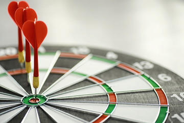 Darts. The dart for playing in the game board is stuck. Hit the sector in darts. The concept of a successful strategy.