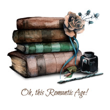 Hand Drawn Watercolor Illustration Of Vintage Retro Books, Rose Flowers And In-well. Old Romantic Books