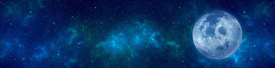 Wall Mural - full moon or supermoon, nebula and stars in night sky web banner. space background. elements of this