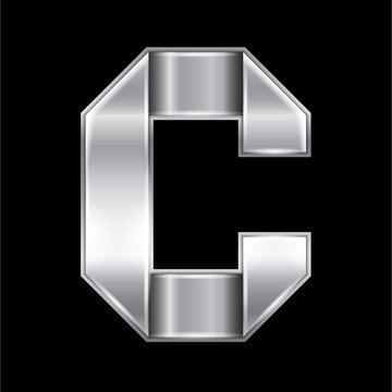 New font folded from a silver metallic ribbon. Trendy roman alphabet, gray vector letter C on a black background, 10eps