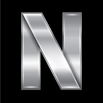 New font folded from a silver metallic ribbon. Trendy roman alphabet, gray vector letter N on a black background, 10eps