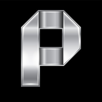 New font folded from a silver metallic ribbon. Trendy roman alphabet, gray vector letter P on a black background, 10eps