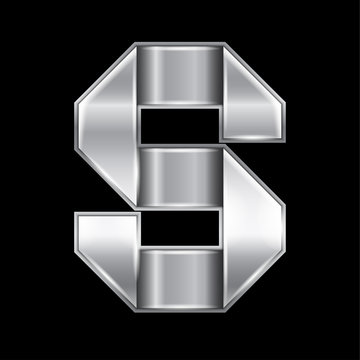 New font folded from a silver metallic ribbon. Trendy roman alphabet, gray vector letter S on a black background, 10eps