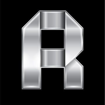 New font folded from a silver metallic ribbon. Trendy roman alphabet, gray vector letter R on a black background, 10eps