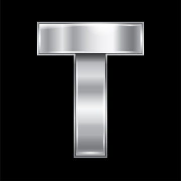 New font folded from a silver metallic ribbon. Trendy roman alphabet, gray vector letter T on a black background, 10eps